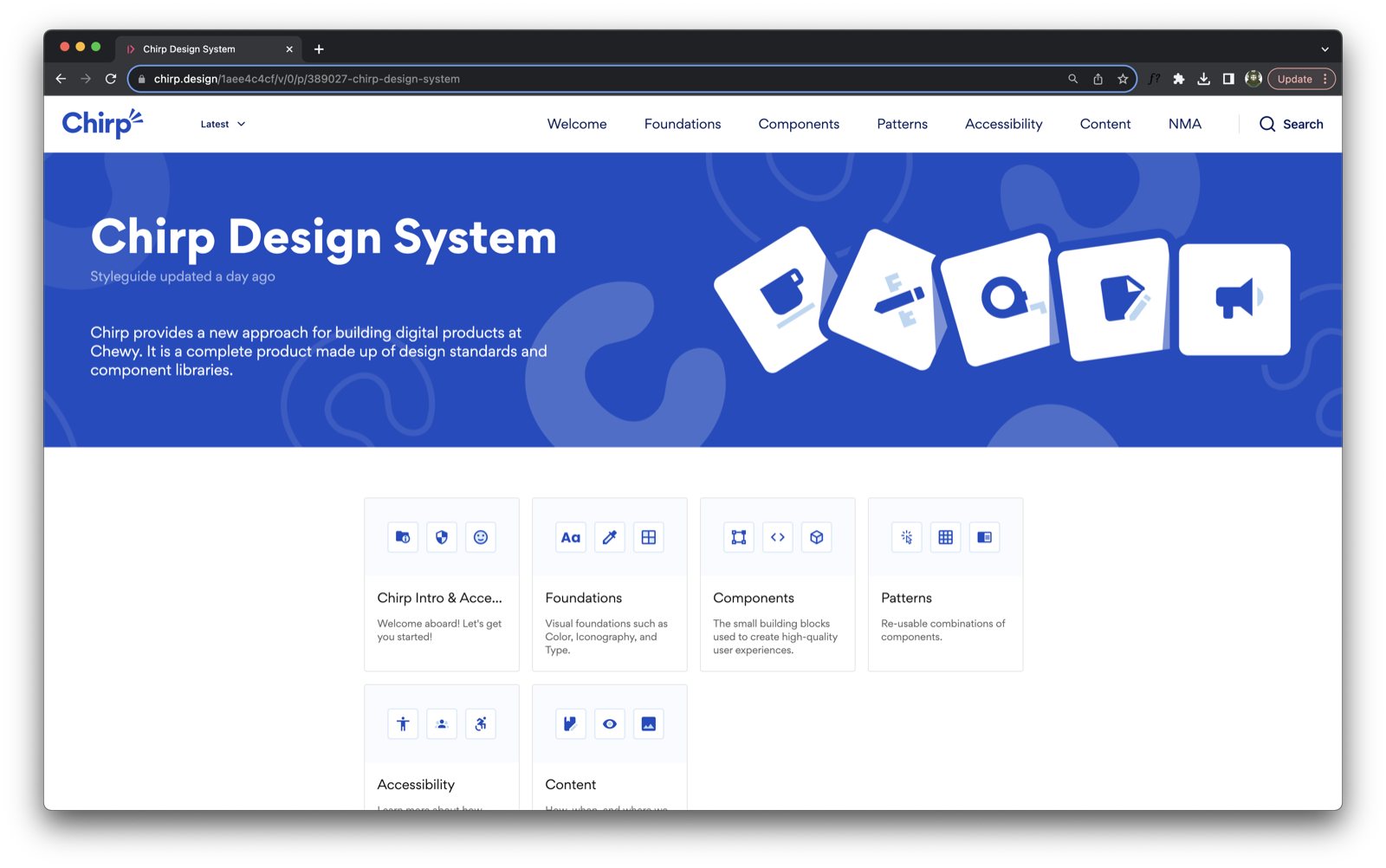 Chirp design system landing page — the front door to Chewy's component library, documentation, and release history.