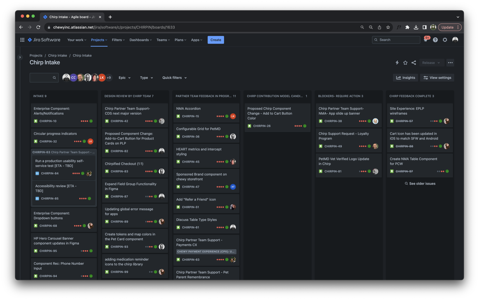Chirp intake board in Jira — organized columns of incoming component and pattern requests, prioritized against organizational goals.