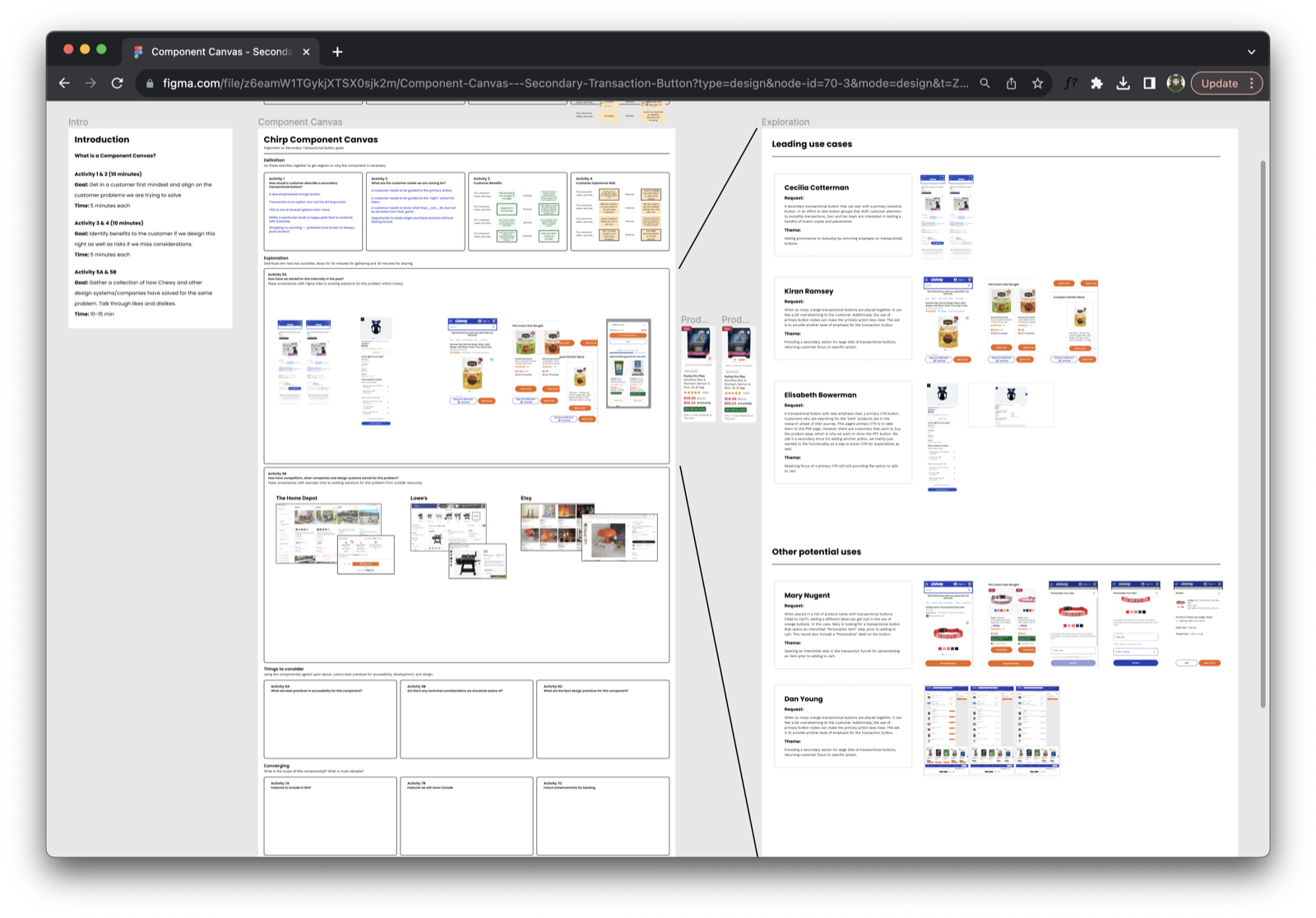 Component workshop canvas in Figma — patterns proposed with three real use cases before entering the Chirp library.