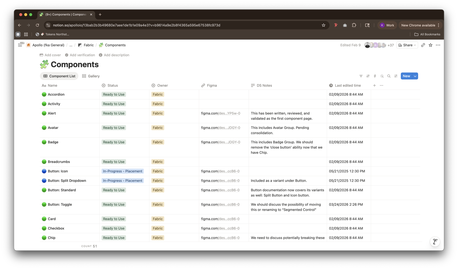 Apollo component documentation library in Notion — Components table with Name, Status, Owner, Figma link, and DS Notes columns for every component.