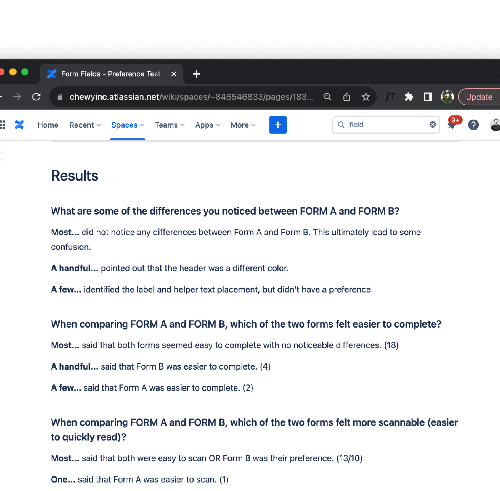 Confluence readout of the UserTesting study and Pet Profiles A/B — the research record that cleared Forms 2.0 for broader rollout.