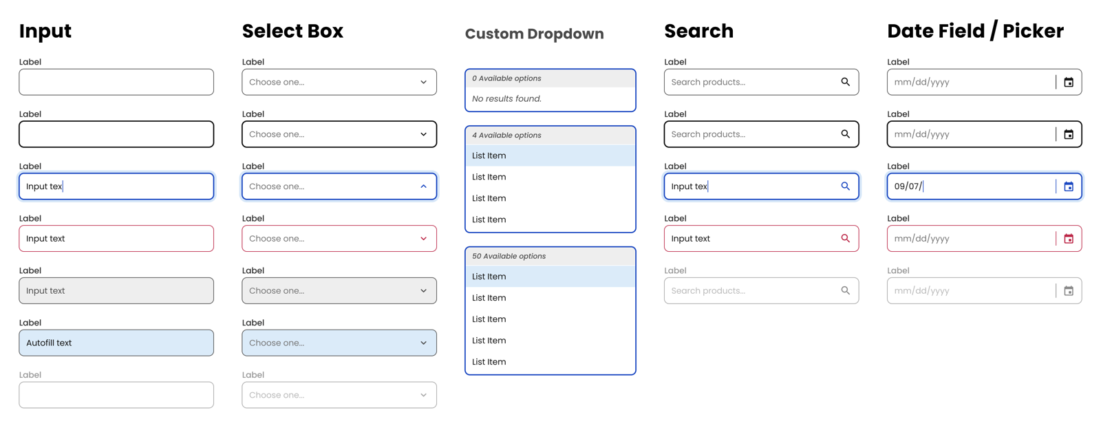 Forms 2.0 field variants — Input, Select Box, Custom Dropdown, Search, and Date / Picker primitives with label, help-text, focus, error, and autofill states.