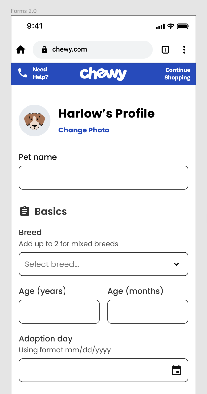 Forms 2.0 Pet Profile on mobile — persistent labels above the field, larger touch targets, and explicit help text for accessibility.