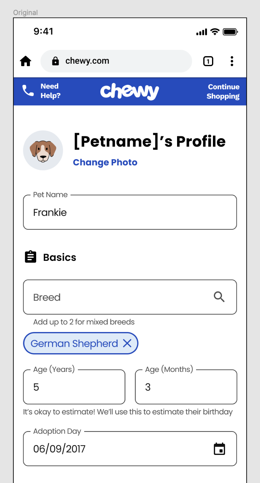Original Chewy Pet Profile on mobile — placeholder-as-label pattern, compact input density, and legacy Material Design field styling.