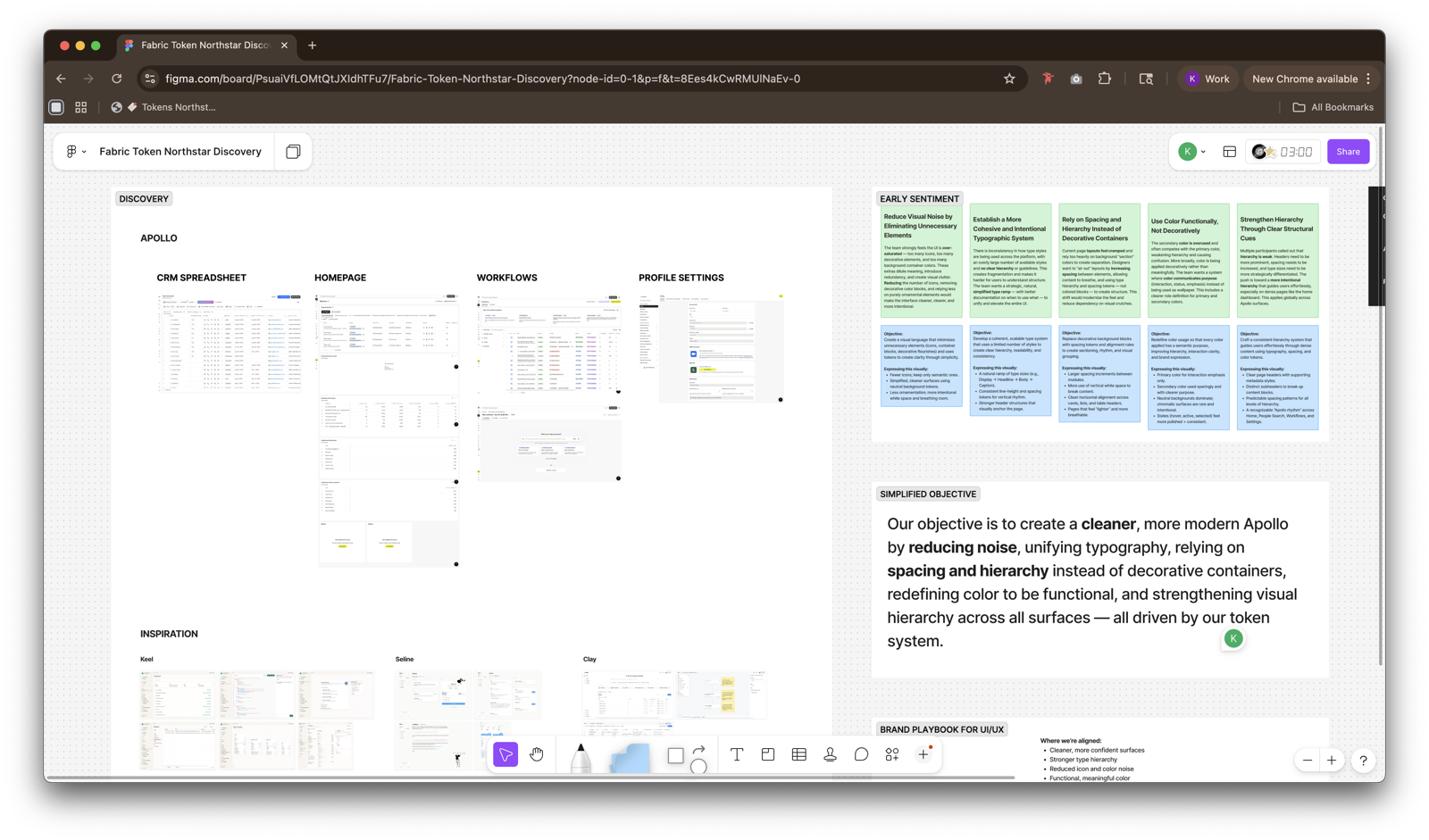 Token Northstar discovery board in Figma — Apollo surfaces audited, early-sentiment sticky notes, and the articulated objective: a cleaner, more modern Apollo built on tokenized hierarchy.