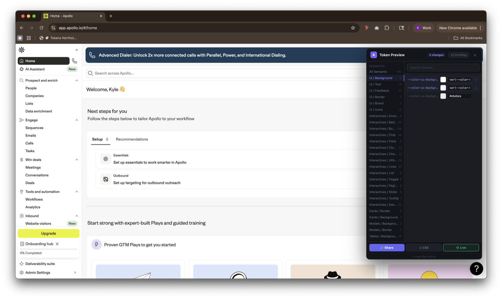 Pre-Implementation Preview Tool — the live Apollo product rendered with a Token Preview panel on the right showing proposed token value changes applied in real time.